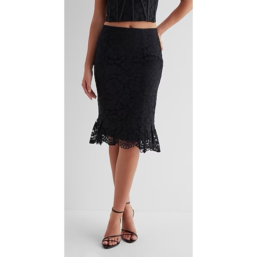 Express high waisted lace peplum midi pencil skirt w‎ scalloped hem